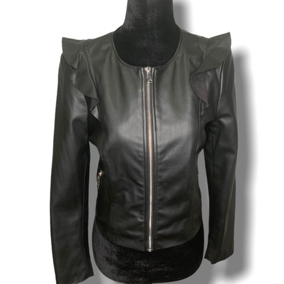 Zara Faux Leather Jacket with ruffles - Size L - Picture 1 of 2